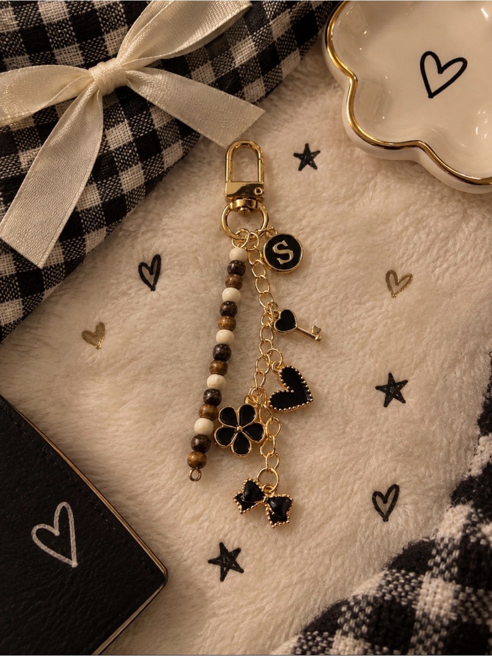 Gold and Black Beaded Charm Keychain - Hearts, Flower & Bow